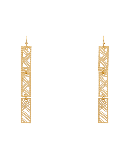 Rectangle 3 Lines Pattern Filigree 3 Drop Earring - 2.9"