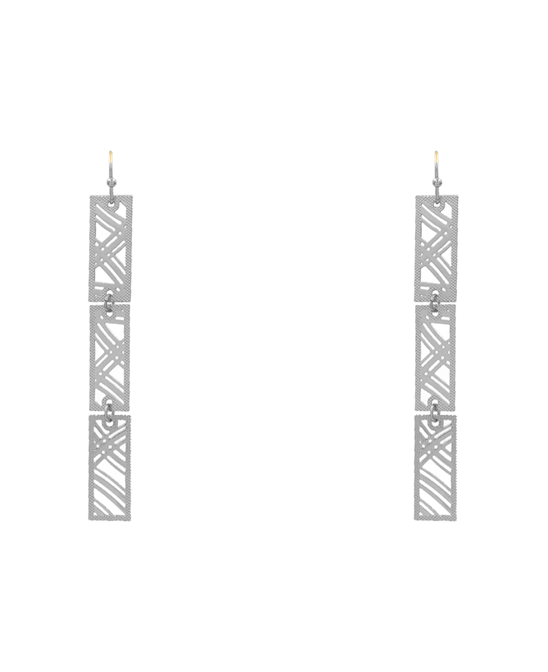 Rectangle 3 Lines Pattern Filigree 3 Drop Earring - 2.9"