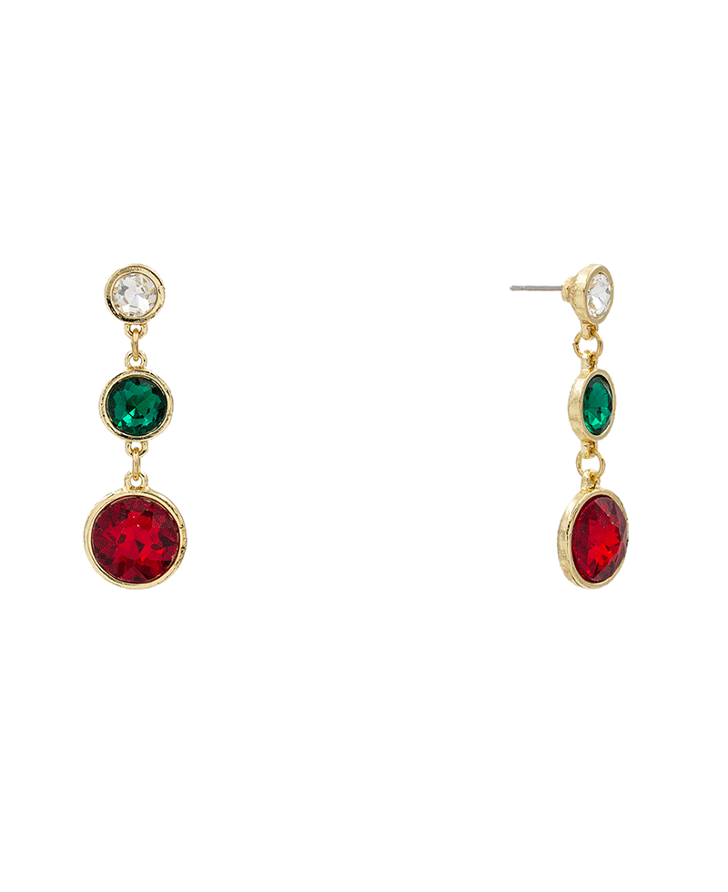 Christmas Round Stone 3 Drop Earring - 1.8"