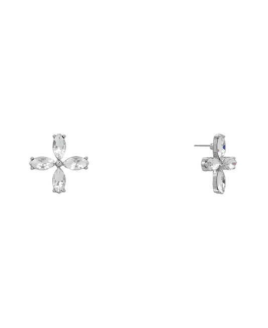 Glass Stone Four Petal Flower Stud Earring - 0.9"