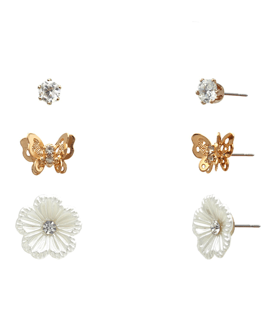 Pearl Flower & Butterfly 3 Pair Earring Set