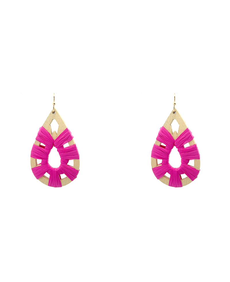 Wood w/ Raffia Teardrop Earring - 2.0"