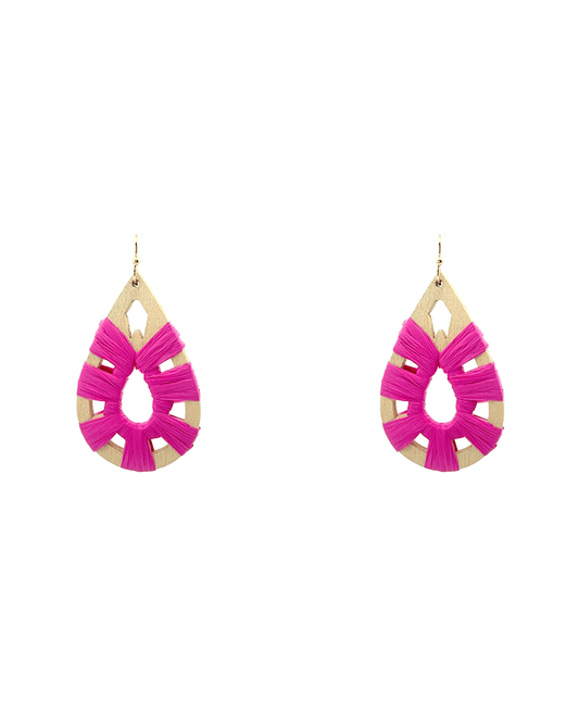 Wood w/ Raffia Teardrop Earring - 2.0"
