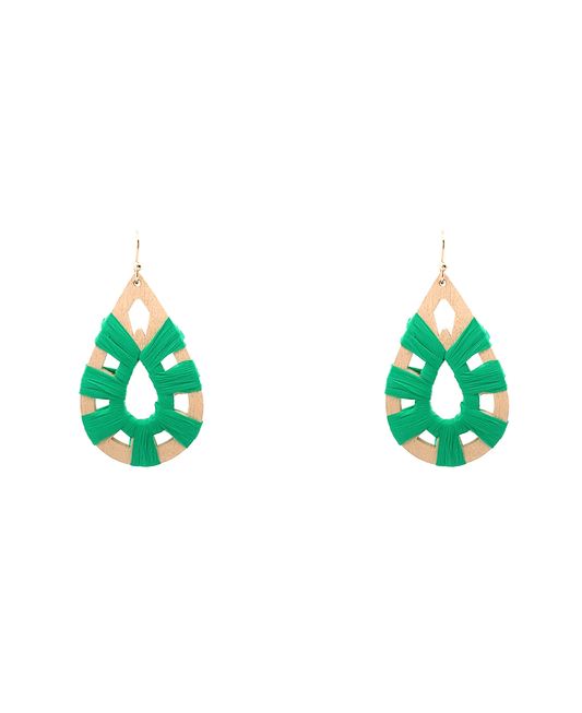 Wood w/ Raffia Teardrop Earring - 2.0"