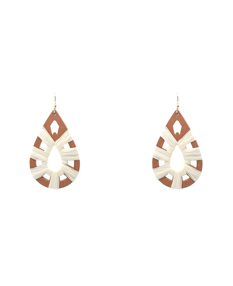 Wood w/ Raffia Teardrop Earring - 2.0"