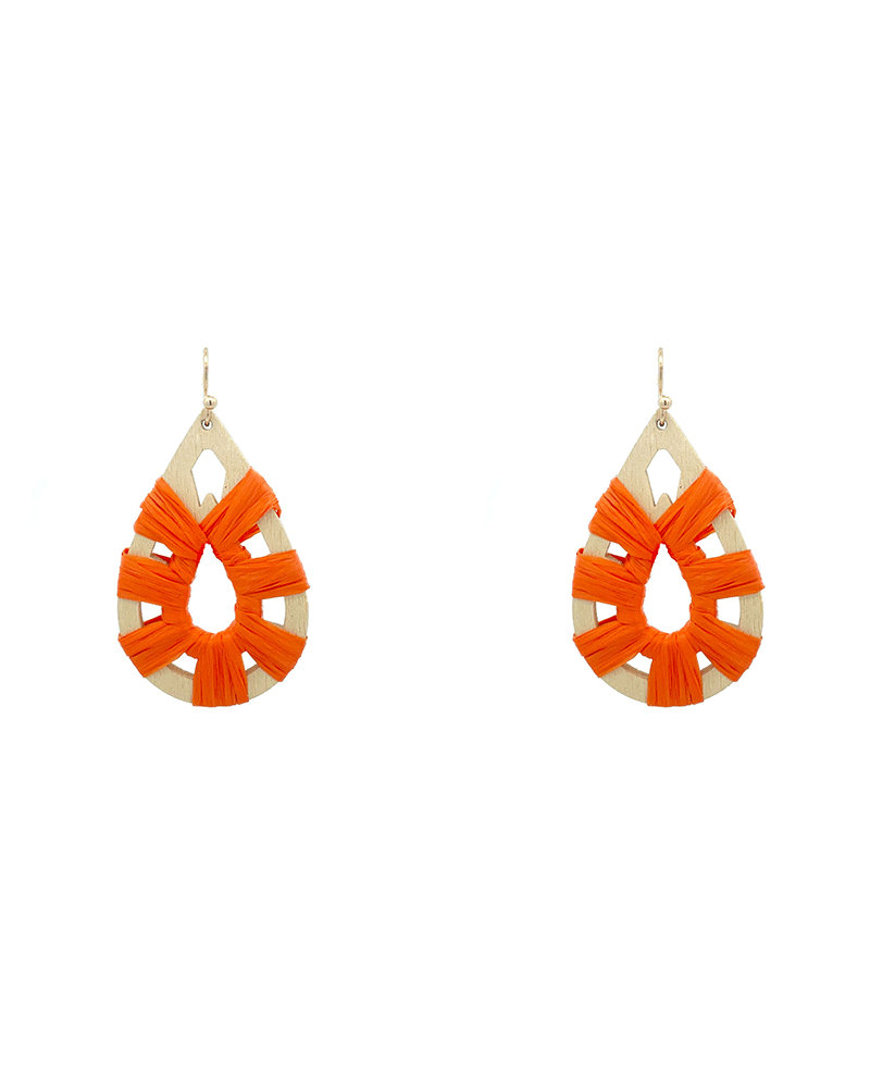 Wood w/ Raffia Teardrop Earring - 2.0"
