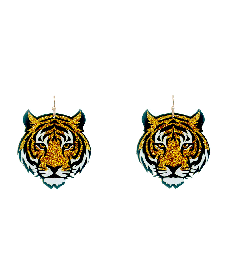 Glitter Tiger Face Earring - 2.0"