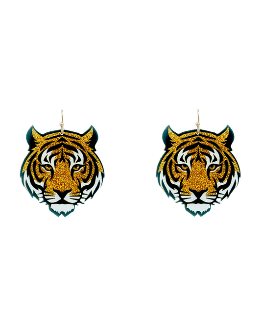 Glitter Tiger Face Earring - 2.0"