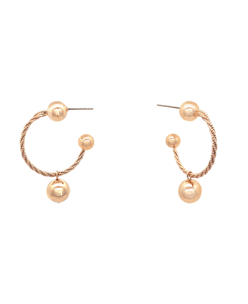Brass Textured Wire w/ 3 Ball Hoop Earring - 2.0"