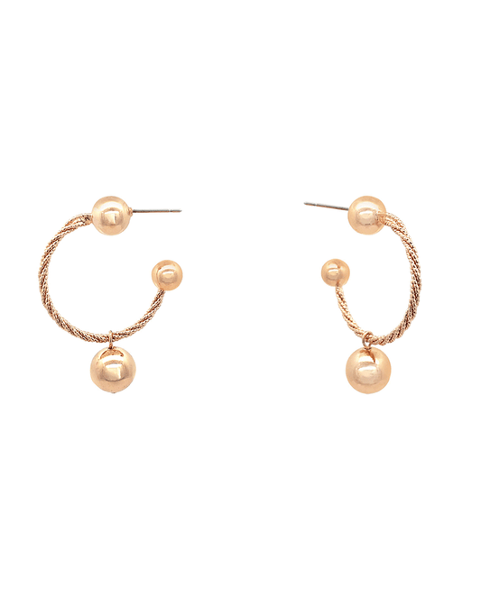 Brass Textured Wire w/ 3 Ball Hoop Earring - 2.0"