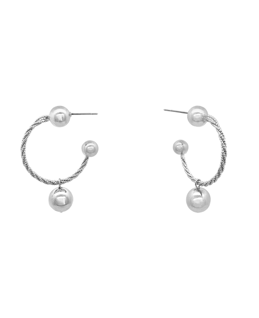 Brass Textured Wire w/ 3 Ball Hoop Earring - 2.0"