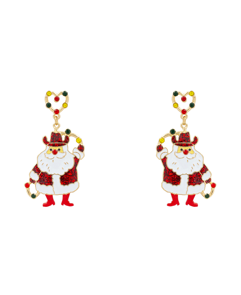 Christmas Cowboy Santa Enamel Earring - 2.3"