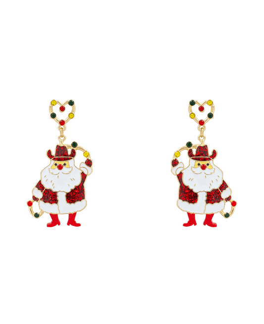 Christmas Cowboy Santa Enamel Earring - 2.3"