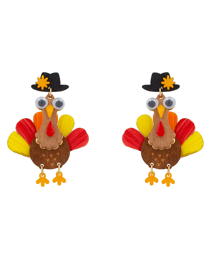 Turkey Wood & Acrylic Earring - 2.6"