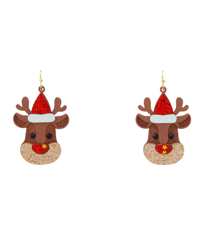 Christmas Rudy Wood Glitter Earring - 2.0"