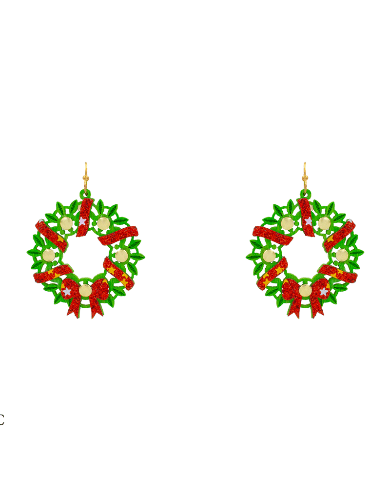 Christmas Wreath Wood Earring - 1.8"