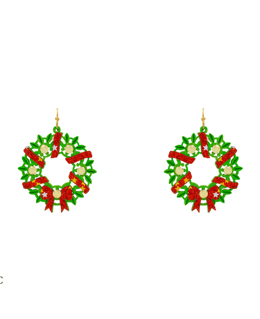 Christmas Wreath Wood Earring - 1.8"