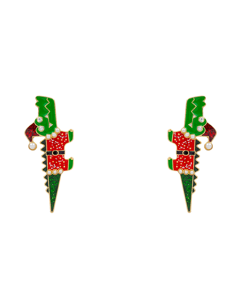 Christmas Crocodile Enamel Earring - 2.1"