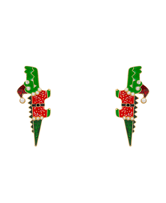 Christmas Crocodile Enamel Earring - 2.1"