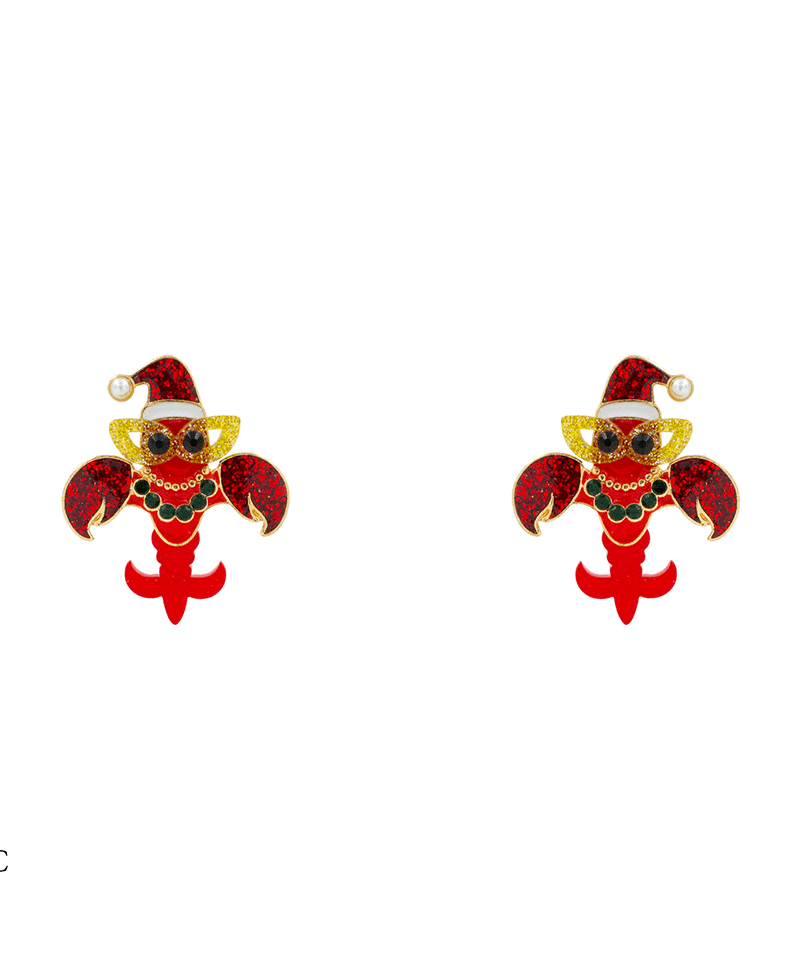 Christmas Crawfish Enamel Earring - 1.5"