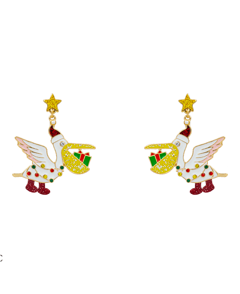 Christmas Pelican Enamel Hypo Earring - 1.9"