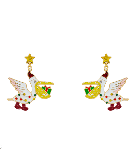 Christmas Pelican Enamel Hypo Earring - 1.9"