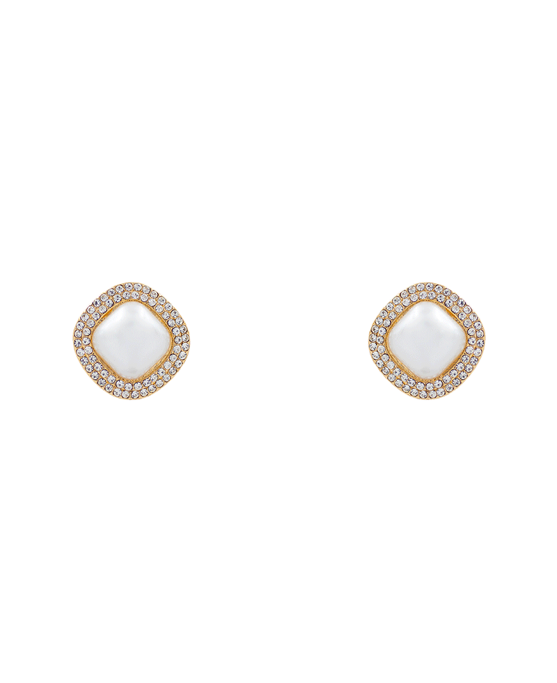 Square Pearl w/ Pave Stone Stud Earring - 1.0"