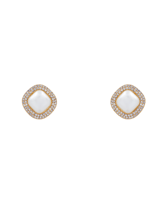 Square Pearl w/ Pave Stone Stud Earring - 1.0"