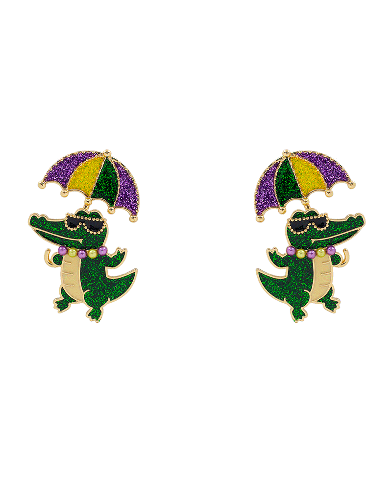 Mardi Gras Alligator Glitter Hypo Earring - 2.1"