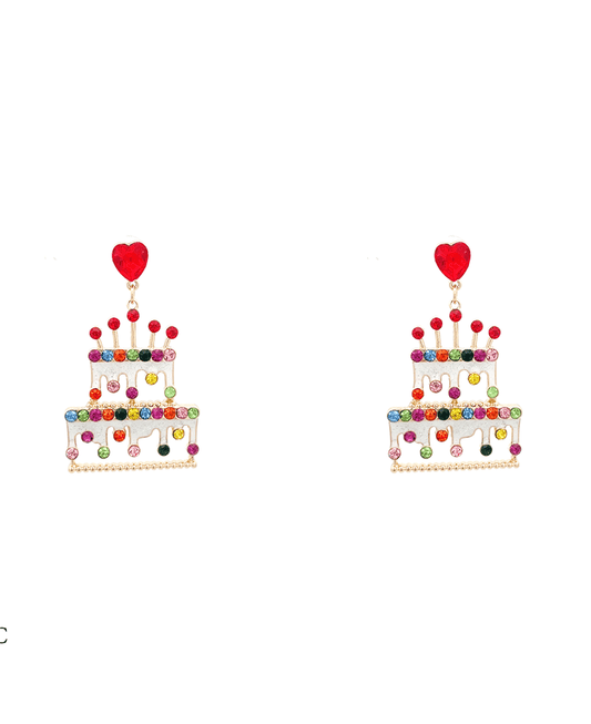 Happy Birthday Enamel Cake Earring - 1.9"