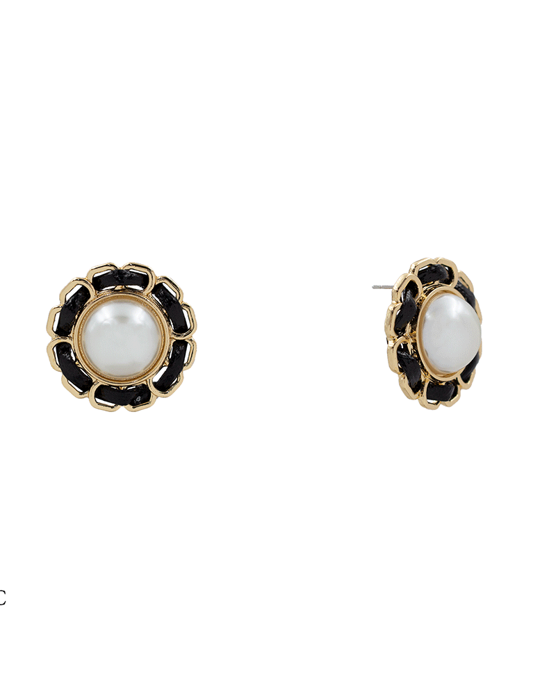 Leather Corded Frame Pearl Stud Earring - 1.10"