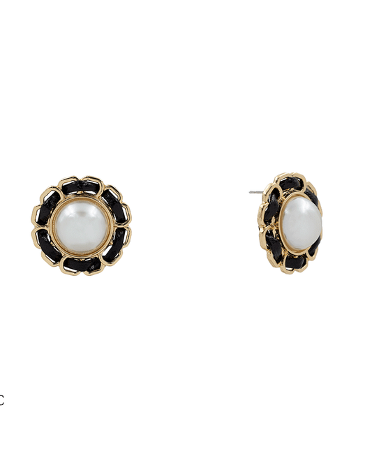 Leather Corded Frame Pearl Stud Earring - 1.10"