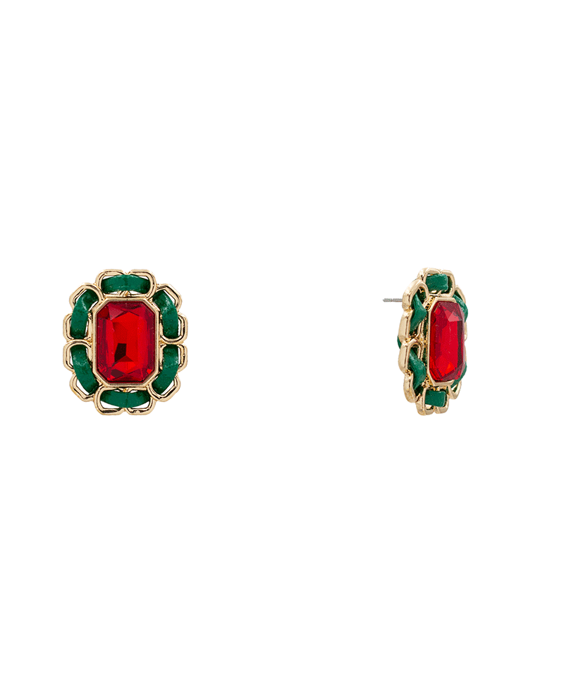 Leather Corded Frame Stone Stud Earring - 1.10"