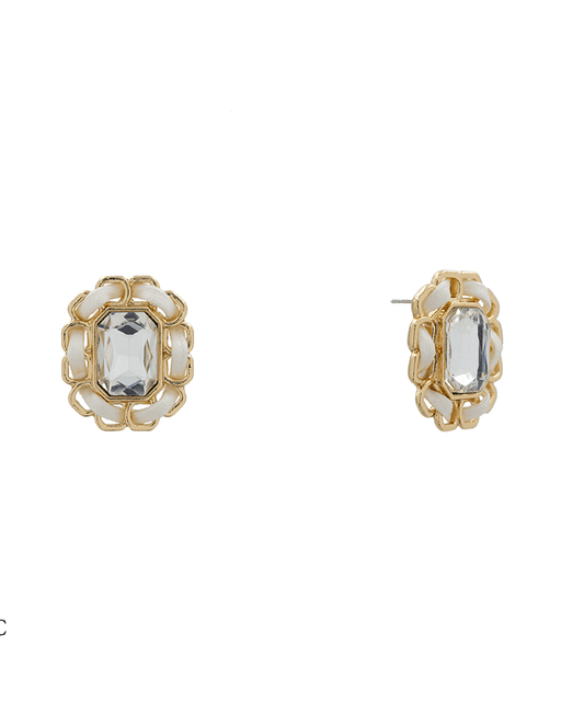 Leather Corded Frame Stone Stud Earring - 1.10"