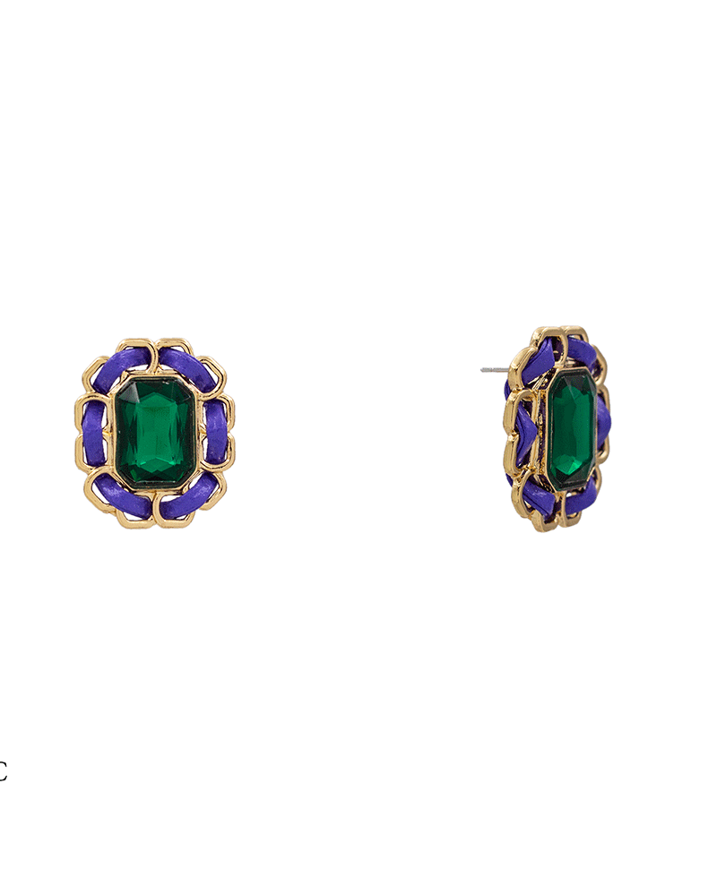 Leather Corded Frame Stone Stud Earring - 1.10"