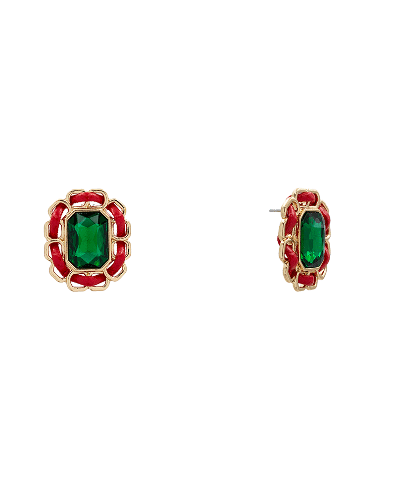 Leather Corded Frame Stone Stud Earring - 1.10"