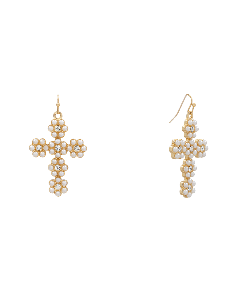 Pearl Pave Cross Earring - 2.0"