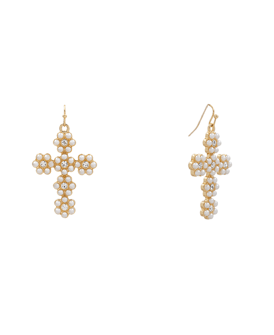 Pearl Pave Cross Earring - 2.0"