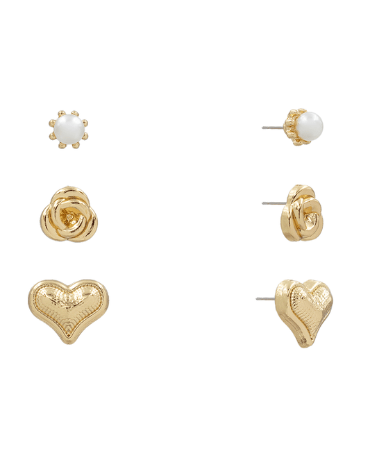 Pearl & Rose & Heart 3 Set Earring