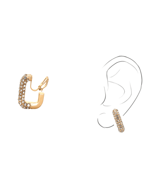Paved Rectangle Hoop Clip On Earring - 1.0"