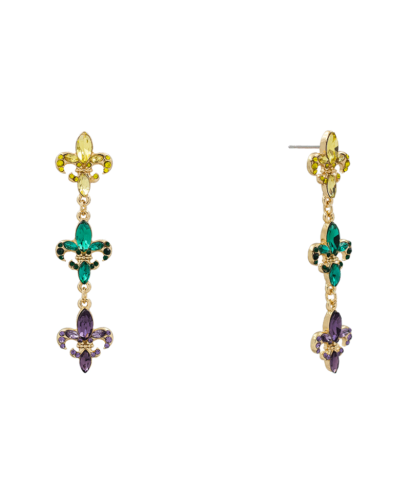 Fleur De Lis Paved 3 Drop Earring - 2.5"