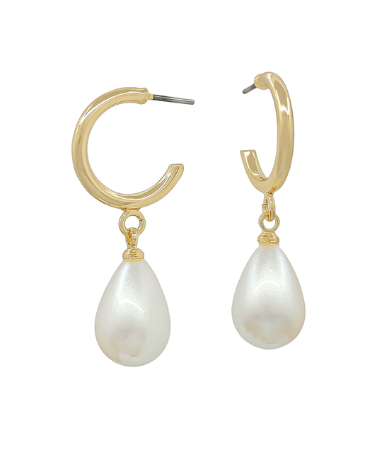 Small Hoop w/ Teardrop Pearl Drop Earring - 1.0"