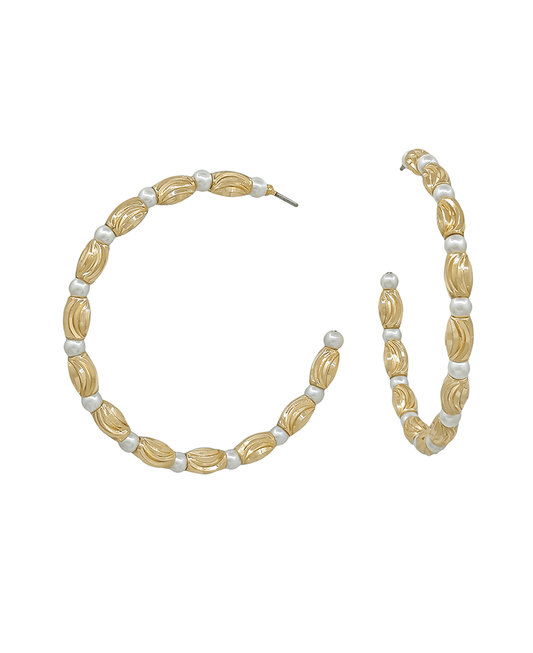 Texture Oval CCB & Pearl Hoop Earring - 1.8"