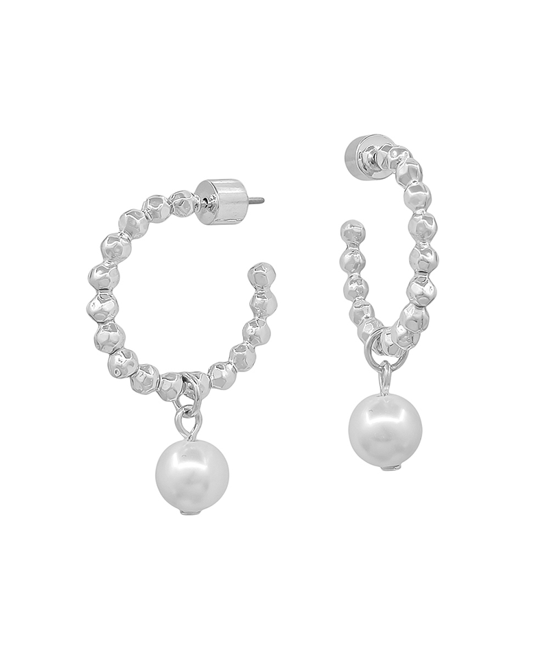 Texture Metal Ball Hoop w/ 8mm Pearl Drop Earring - 1.0"