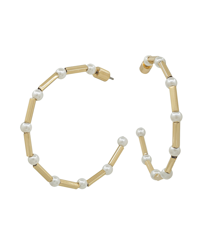 4mm Pearl & Metal Bar Hoop Earring - 1.8"