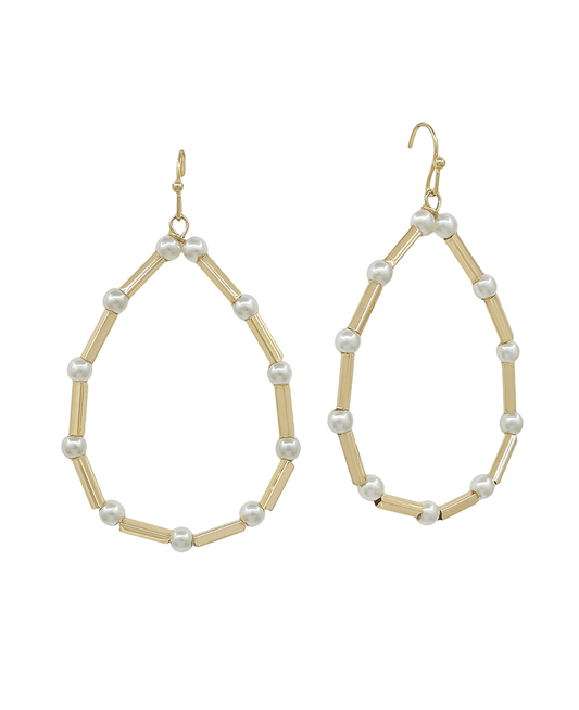 4mm Pearl & Metal Bar Teardrop Earring - 1.8"