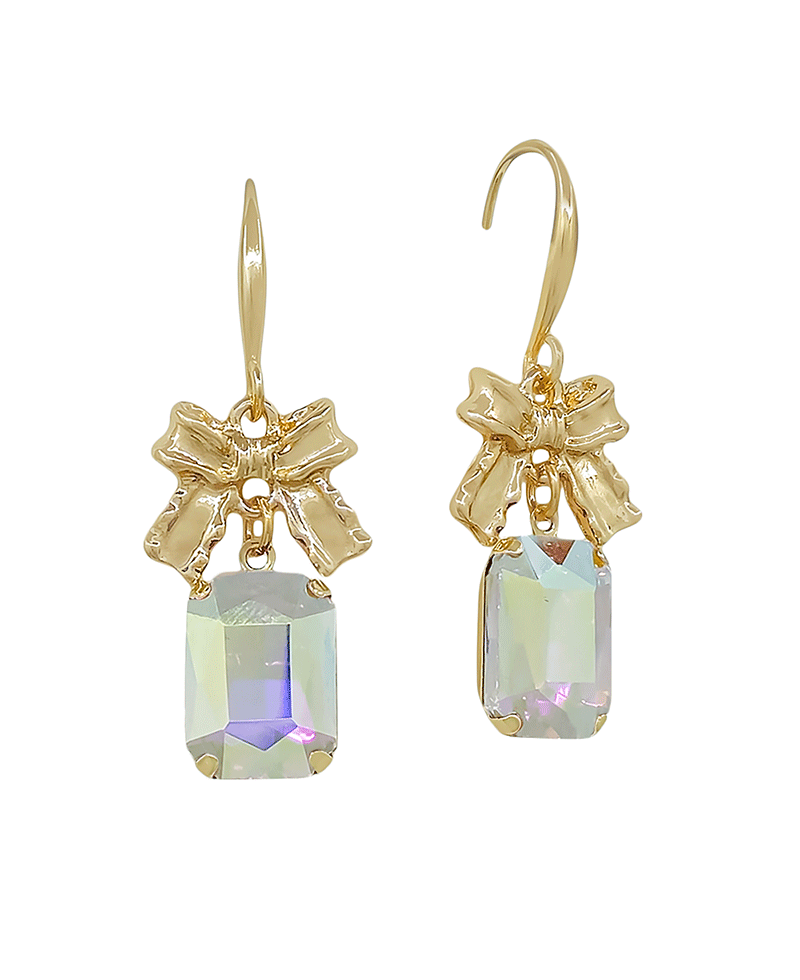 Mini Ribbon W Rectangle Stone Drop Earring - 1.2"