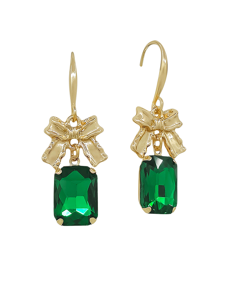 Mini Ribbon W Rectangle Stone Drop Earring - 1.2"