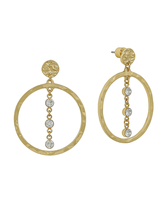 Double Round Metal w/ 3 Stone Linear Earring - 1.5"