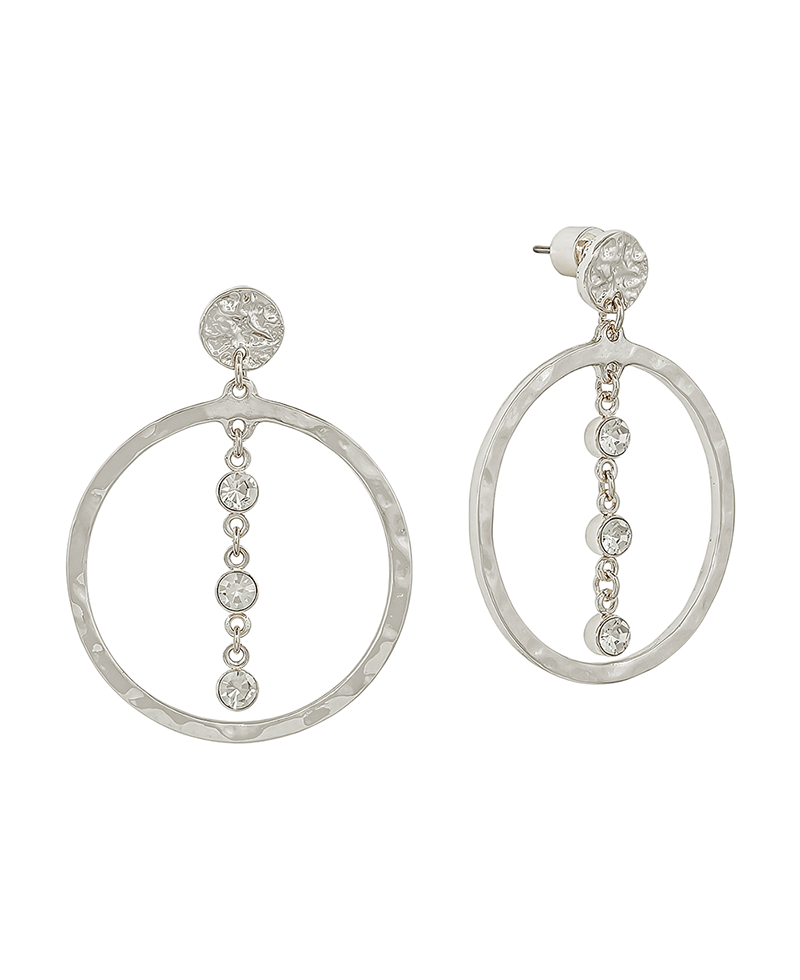 Double Round Metal w/ 3 Stone Linear Earring - 1.5"